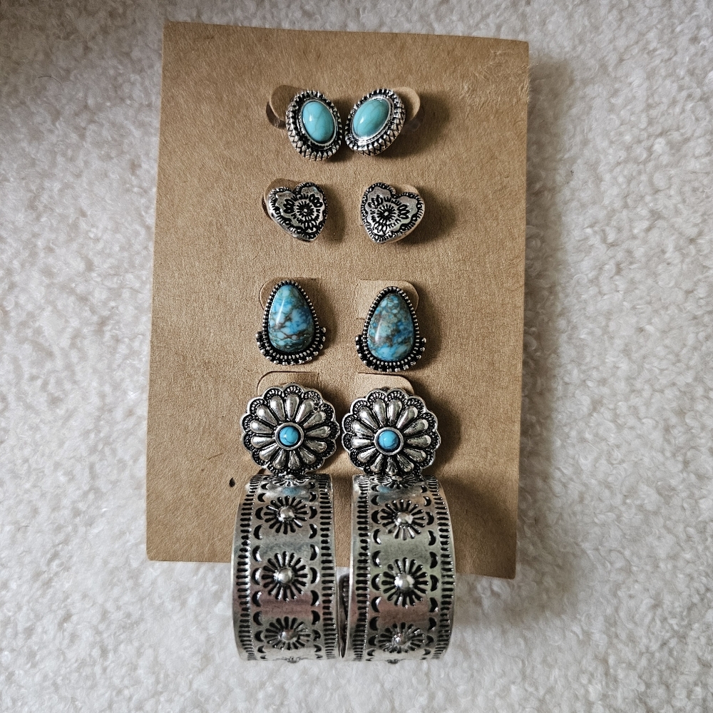 Southwestern Western silver toned earrings studs hoops faux turquoise